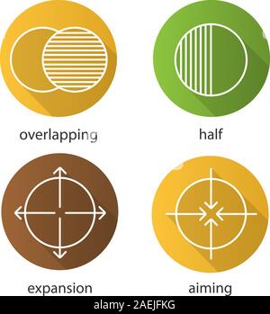 Abstract symbols flat linear long shadow icons set. Overlapping, half, aiming, expansion concepts. Vector outline illustration Stock Vector