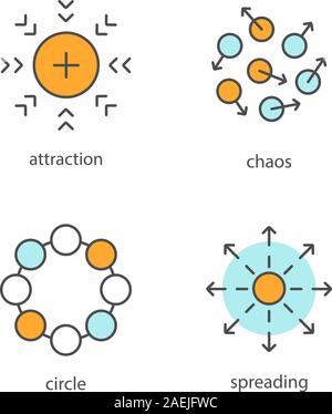 Abstract symbols color icons set. Attraction, chaos, circle, spreading concepts. Isolated vector illustrations Stock Vector