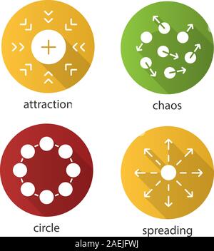 Abstract symbols flat design long shadow glyph icons set. Attraction, chaos, circle, spreading concepts. Vector silhouette illustration Stock Vector