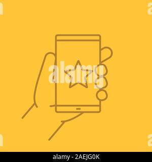 Hand holding smartphone linear icon. Smart phone with star mark. Thin line outline symbols on color background. Vector illustration Stock Vector