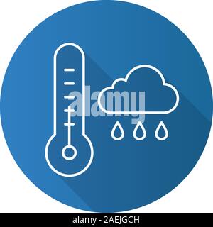 Autumn weather flat linear long shadow icon. Thermometer and rainy cloud. Vector outline symbol Stock Vector