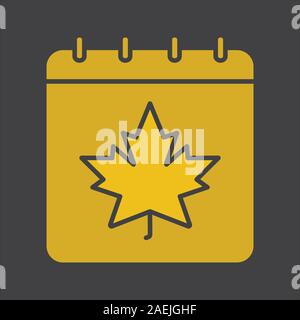 Autumn calendar glyph color icon. Calendar page with maple leaf. Silhouette symbol on black background. Negative space. Vector illustration Stock Vector