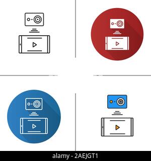 Action camera to smartphone wireless wifi connection icon. Flat design, linear and color styles. Isolated vector illustrations Stock Vector