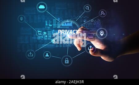 Hand Privacy Hand touching PRIVACY inscription, Cybersecurity concept Stock Photo ...