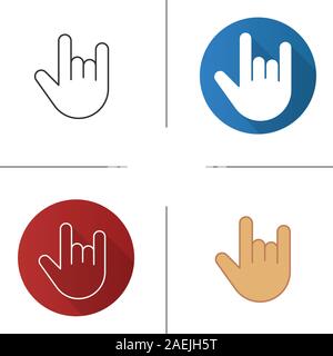 Heavy metal gesture icon. Flat design, linear and color styles. Devil horn and cool hand gesture. Isolated vector illustrations Stock Vector