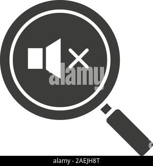 Magnifying glass with loudspeaker glyph icon. Silhouette symbol. Sound off. Negative space. Vector isolated illustration Stock Vector