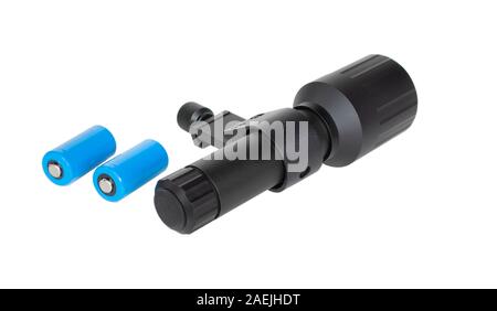 Batteries next to an infrared emitter isolated on a white background Stock Photo