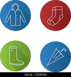 Autumn clothes flat linear long shadow icons set. Raincoat, warm socks, watertight, closed umbrella. Vector outline illustration Stock Vector