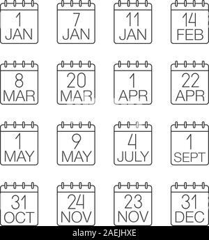 Holidays calendar linear icons set. Wall calendars. Thin line contour symbols. Dates and occasions. Isolated vector outline illustrations Stock Vector