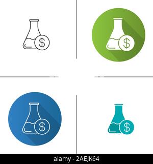 Research price icon. Flat design, linear and color styles. Chemical lab beaker with dollar sign. Isolated vector illustrations Stock Vector