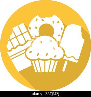 Sweets flat design long shadow glyph icon. Confectionery. Chocolate bar, doughnut, muffin with raisins, ice cream. Vector silhouette illustration Stock Vector