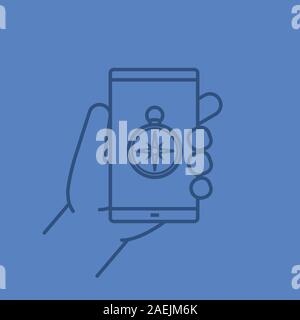 Hand holding smartphone color linear icon. Smart phone gps location app. Thin line outline symbols on color background. Vector illustration Stock Vector