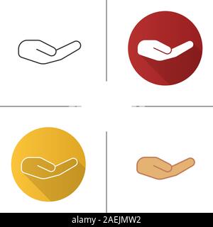 Begging hand gesture icon. Flat design, linear and color styles. Outstretched cupped hand. Isolated vector illustrations Stock Vector