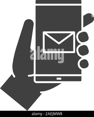 Hand holding smartphone glyph icon. Silhouette symbol. Smart phone sms message. Negative space. Vector isolated illustration Stock Vector