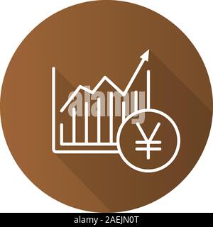Market growth chart flat linear long shadow icon. Statistics diagram with yen sign. Vector outline symbol Stock Vector