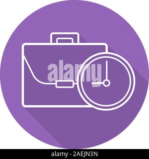 Work time flat linear long shadow icon. Business briefcase with clock. Vector outline symbol Stock Vector