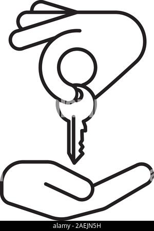 Hand giving key to another hand linear icon. Realty purchase thin line illustration. Real estate market deal. Homebuyer. Contour symbol. Private prope Stock Vector