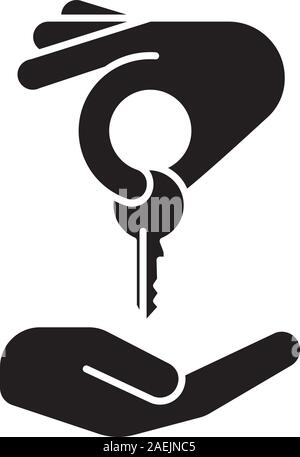 Hand giving key to another hand glyph icon. Homebuyer silhouette symbol. Real estate market deal. Negative space. Vector isolated illustration Stock Vector