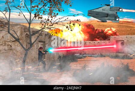 Sci-fi scene, distant future and other worlds. War scene, spaceships and fights with laser weapons. Space exploration and conquests. 3d render Stock Photo