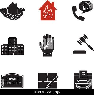 Real estate market glyph icons set. Silhouette symbols. House in hands, multi-storey building, floor plan, parking place, private property sign, gavel Stock Vector