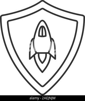 Startup projects protection linear icon. Thin line illustration. Security shield with spaceship contour symbol. Vector isolated outline drawing Stock Vector