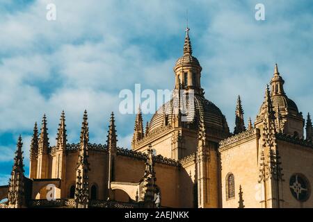 Segovia Cathedral, a Roman Catholic religious church, Spain, built in the 16th-century in Gothic-style with blue sky copy space Stock Photo