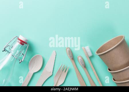Sustainable eco friendly concept. Kitchenware on a teal background. Stock Photo