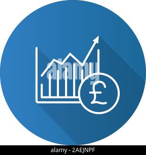 Market growth chart flat linear long shadow icon. Statistics diagram with pound sign. Vector outline symbol Stock Vector