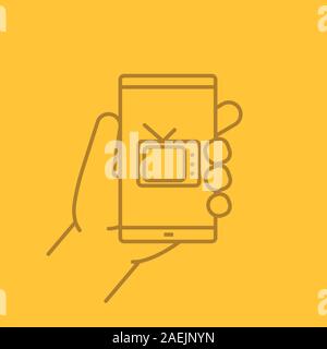 Hand holding smartphone linear icon. Smart phone television app. Thin line outline symbols on color background. Vector illustration Stock Vector