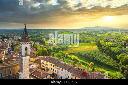 Vinci village, Leonardo birthplace, aerial view and bell tower of the church. Florence, Tuscany Italy Europe Stock Photo