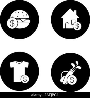 Services glyph icons set. Buy food, sport equipment, clothes, real estate. Vector white silhouettes illustrations in black circles Stock Vector