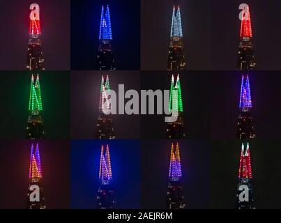 London, UK. 9th December 2019. The Shard Lights: The top 20 storeys of The Shard skyscraper building are transformed into colourful spectacles designed by local city schoolchildren. The specially sequenced light show features three, nine-minute displays every half hour from 4pm to 1am each evening throughout December. Credit: Guy Corbishley/Alamy Live News Stock Photo
