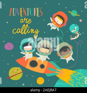 Girls ans boys astronauts riding a rocket Stock Vector