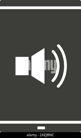 Smartphone sound control glyph icon. Silhouette symbol. Smart phone with loudspeaker waves. Volume on. Negative space. Vector isolated illustration Stock Vector