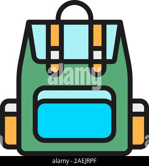 Vector camping backpack, tourist backpack flat color line icon. Stock Vector