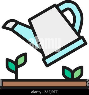 Vector watering plants, watering can flat color line icon. Stock Vector