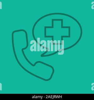 Emergency phone call to hospital linear icon. Handset with medical cross inside chat bubble. Thin line outline symbols on color background. Vector ill Stock Vector