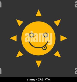 Yummy sun smile glyph color icon. Silly, goofy, foolish sun emoticon. Silhouette symbol on black background. Negative space. Vector illustration Stock Vector