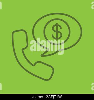 Phone talk about money linear icon. Handset with US dollar sign inside speech bubble. Thin line outline symbols on color background. Vector illustrati Stock Vector