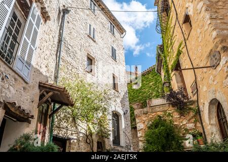 A small courtyard with vines and ivy covering the stone walls in the medieval village of Tourrettes Sur Loup in Southern France. Stock Photo