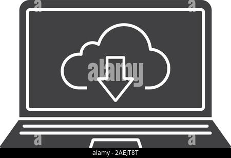 Laptop cloud computing glyph icon. Silhouette symbol. Notebook with cloud storage download arrow. Negative space. Vector isolated illustration Stock Vector