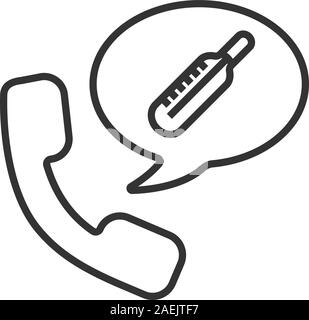 Phone call to hospital linear icon. Thin line illustration. Handset with thermometer inside speech bubble. Contour symbol. Vector isolated outline dra Stock Vector