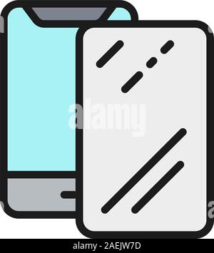 Vector protective glass on smartphone flat color line icon. Stock Vector