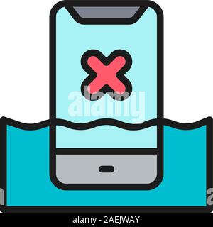 Smartphone in water, liquid damaged phone flat color line icon. Stock Vector