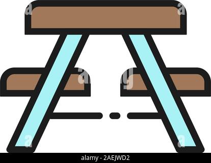 Vector picnic table with benches flat color line icon. Stock Vector