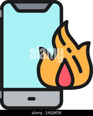Vector burnt smartphone, damaged phone flat color line icon. Stock Vector