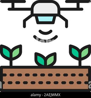 Drone control for seed planting, agriculture flat color line icon. Stock Vector