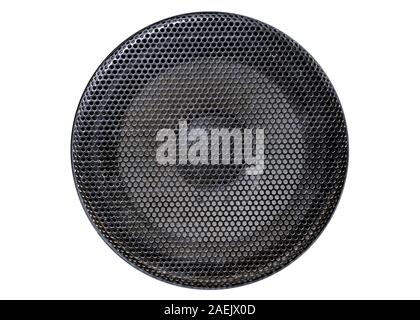 Music and sound. Front view of the old grey sound system speaker isolated on white Stock Photo