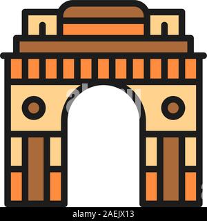 Triumphal Arch Gate of India to New Delhi flat color line icon. Stock Vector