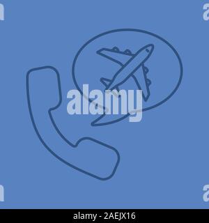 Plane tickets order by phone color linear icon. Handset with airplane inside chat box. Call to travel agency. Thin line outline symbols on color backg Stock Vector